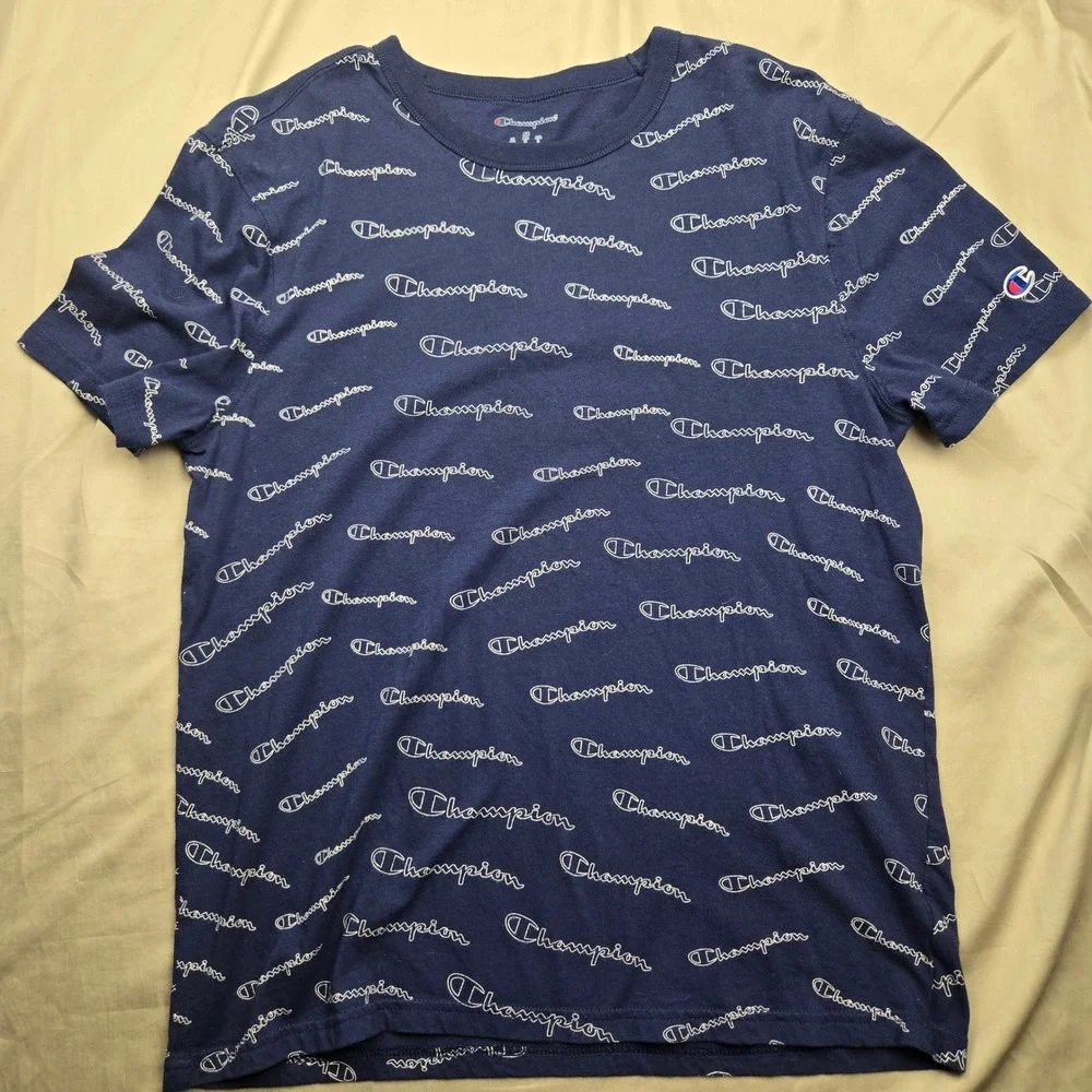 Champion Mens Navy Blue All Over Script Logo Print T-Shirt Medium Crewneck Tee - Picture 2 of 9